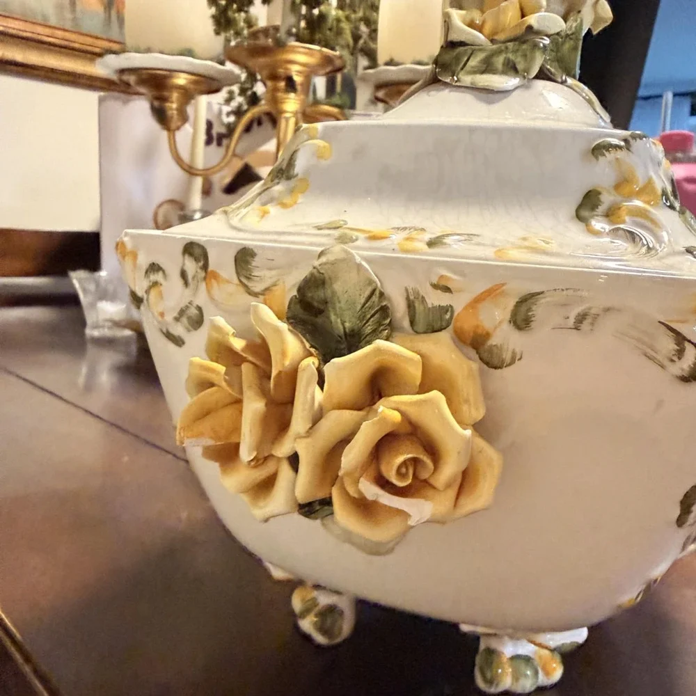 Ornate Ceramic Floral Soup Tureen Bowl With Lid Ladle Yellow Rose Rococo 10x13